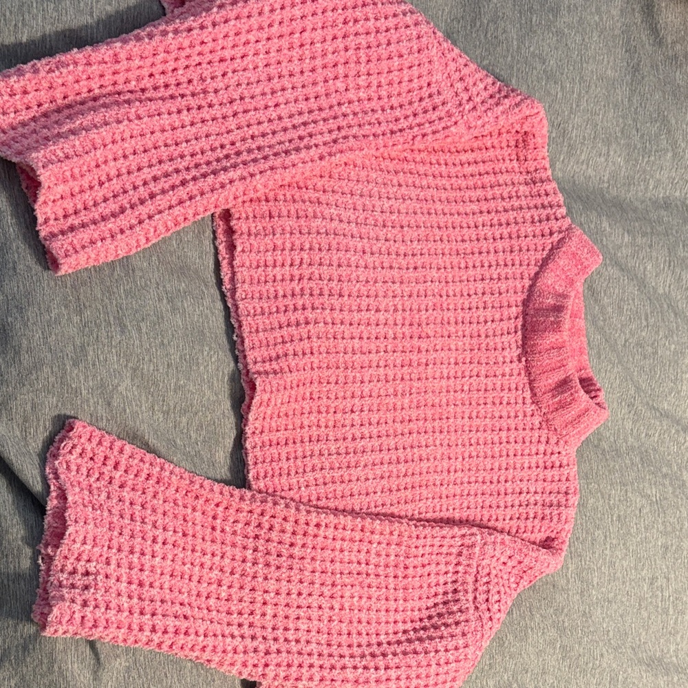 Pink Waffle Knit/Crochet Sweater